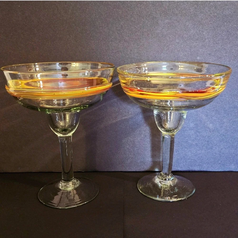 Mexican Hand Blown Margarita Glasses Set of 2‎ Orange Yellow Red Swirl Rim 7in